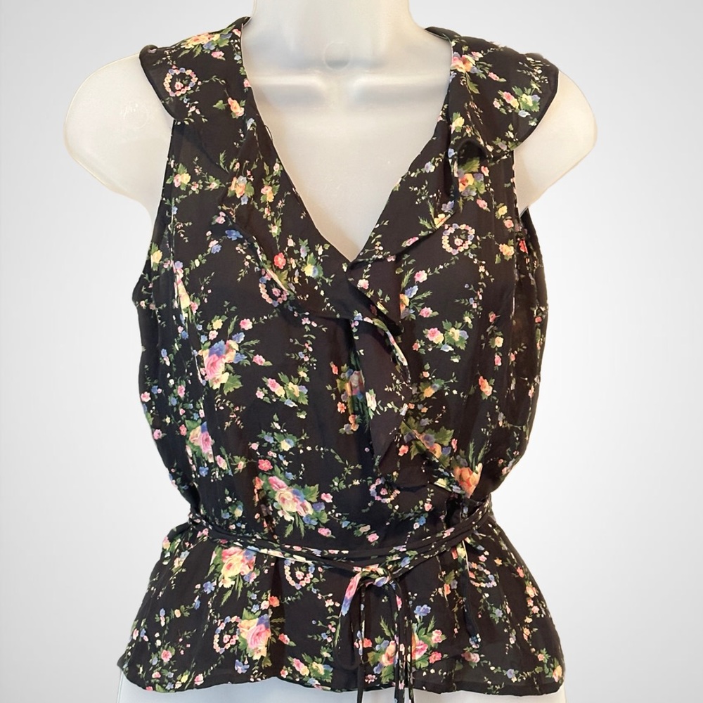Lauren by Ralph Lauren Black Floral Silk Top Sz 8